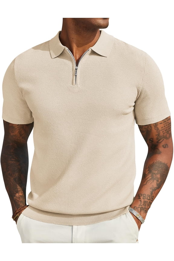 Men Summer Beach Shirt Zipper Polo Shirt Casual Knit Short Sleeve Polo T Shirts Goft