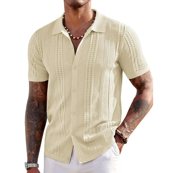 COOFANDY Men's Short Sleeve Knit Polo Shirts Vintage Lightweight Breathable Button Down Cardigan Golf Shirts
