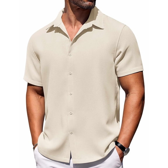 COOFANDY Men's Beach Button Down Short Sleeve Beach Shirt Linen Breathable Stretch Wedding Untucked Shirts