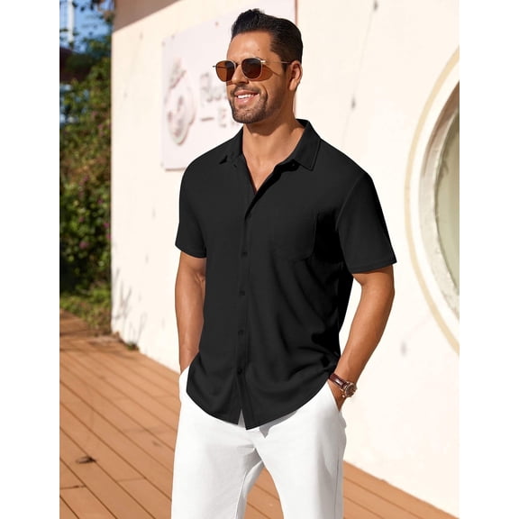 COOFANDY Button Down Shirts for Men Short Sleeve Vintage Shirts Knitted Polo Shirts Casual Beach Summer Shirt