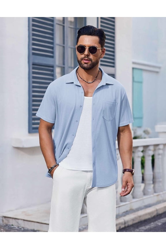 Waffle Knit Button Up Shirt Men Short Sleeve Beach Shirts Stretch Textured Fashion No Iron Shirt