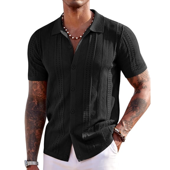 COOFANDY Men's Short Sleeve Knit Shirts Vintage Button Down Polo Shirt Casual Beach Tops