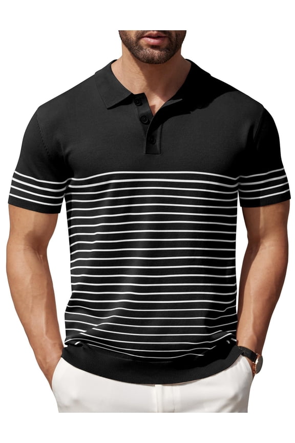 Men's Striped Polo Shirt Casual Knit Short Sleeve Golf Shirts Lightweight Fashion Collared T Shirts