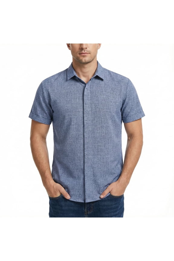 Men's Linen Shirt Casual Shirts Short Sleeve Shirts Button Down Linen Beach Shirts for Men Summer Outfit Denim Blue