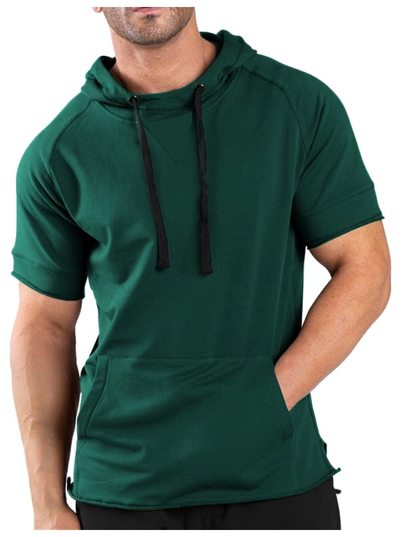 Men's Short Sleeve Sweatshirts Gym Workout Lightweight Pullover athletic hoodies muscle fit Hood T Shirts