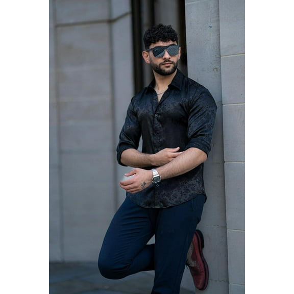 COOFANDY Mens Silk Button Down Shirts Long Sleeve Dress Shirts Floral Rose Printed Shirts for Men Prom Wedding Party Shirts