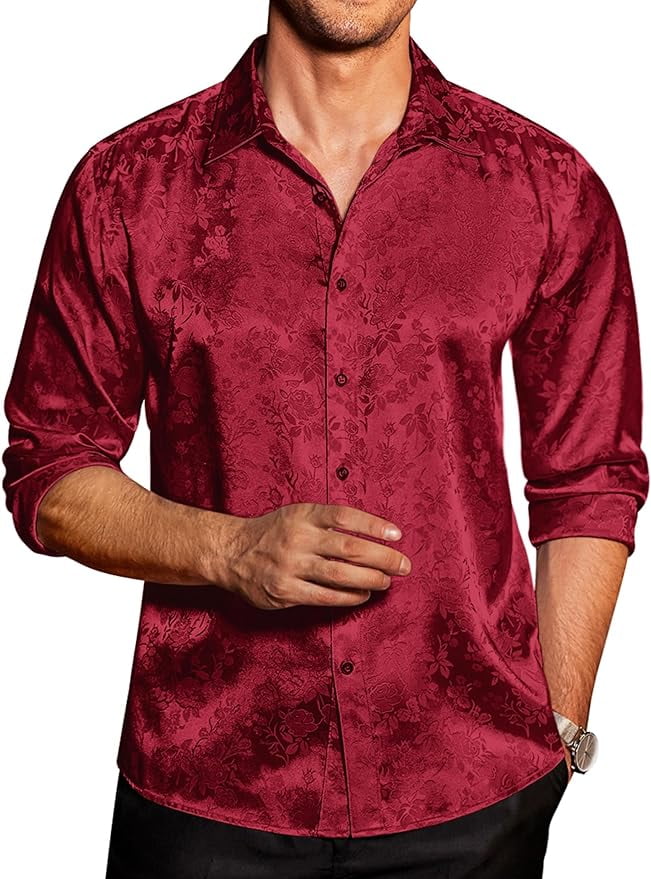 COOFANDY Men's Silk Satin Dress Shirts Jacquard Long Sleeve Floral ...