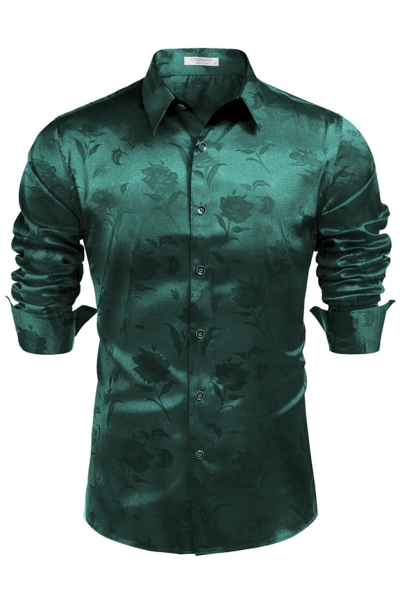 Men's Silk Satin Dress Shirts Jacquard Long Sleeve Floral Button Up Shirts Party Prom Wedding Shirt