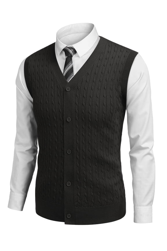 Men's Sleeveless Sweater Vest V-Neck Casual Cable Knit Button Down Cardigan Vest