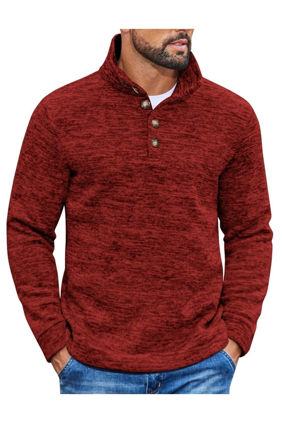 Men's Slim Fit Pullover Sweaters Stand Collar Long Sleeve Casual Polo Sweatshirt with Quarter Button Up