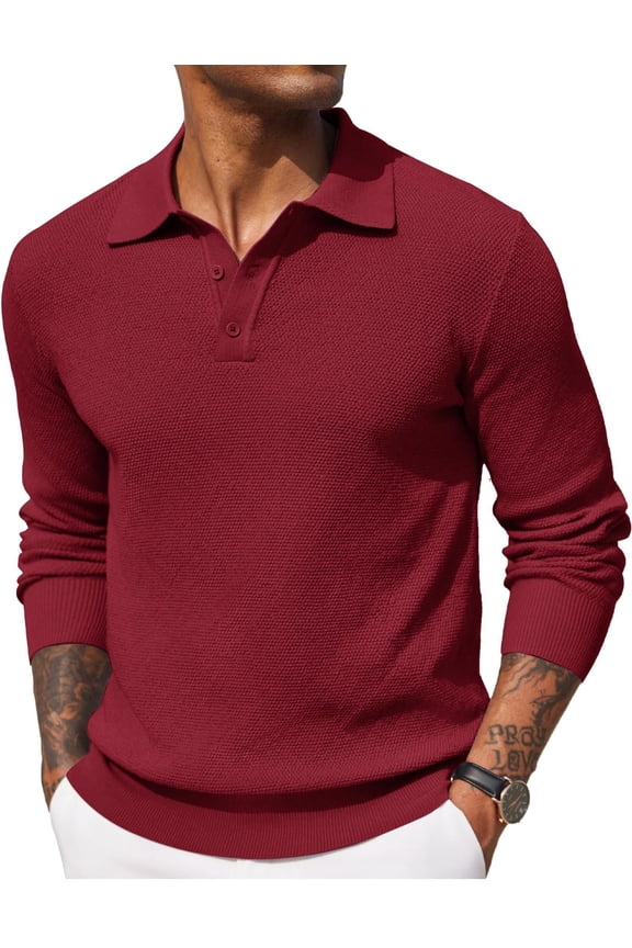 Mens Knit Polo Shirts Long Sleeve Casual Polo Sweaters Shirt Waffle Textured Collared Sweater