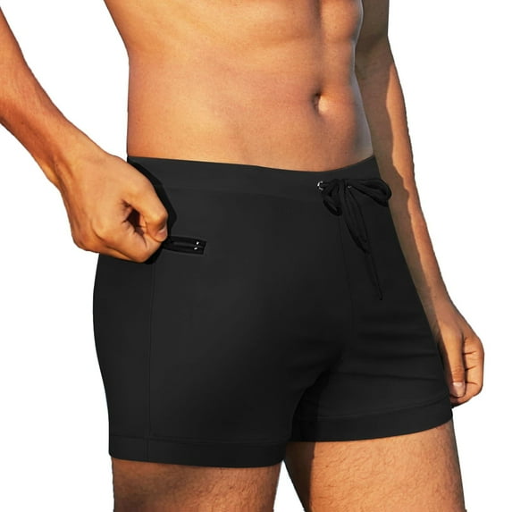 COOFANDY Men's Swimwear Swimsuits Solid Basic Swim Boxer Trunks Board Shorts with Zipper Pockets Black