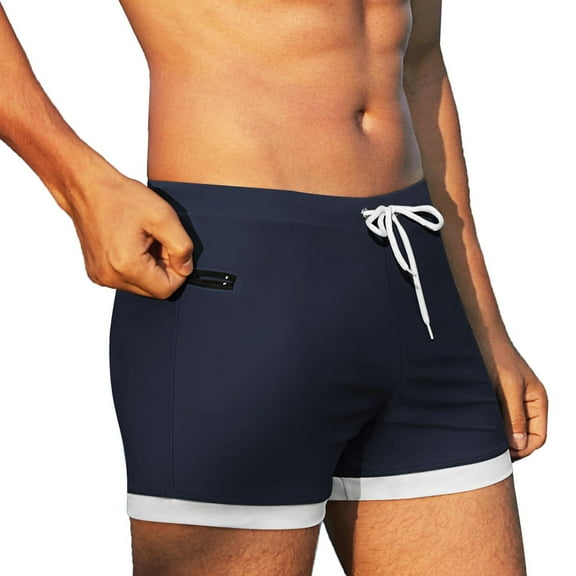COOFANDY Men's Swimwear Swimsuits Solid Basic Swim Boxer Trunks Board Shorts with Zipper Pockets Navy