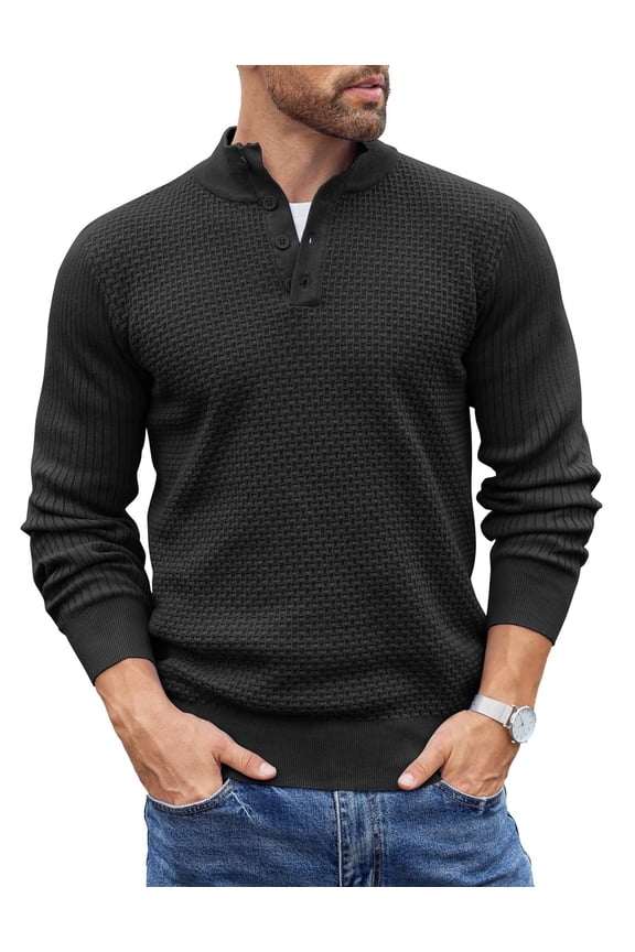 Men's Casual Knitted Waffle Pullover Sweaters Mock Neck Button Sweater Long Sleeve Henley Sweater