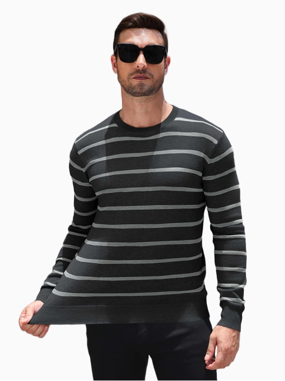 Men's Striped Crewneck Sweaters Long Sleeve Knit Pullover Lightweight Slim Fit Sweater