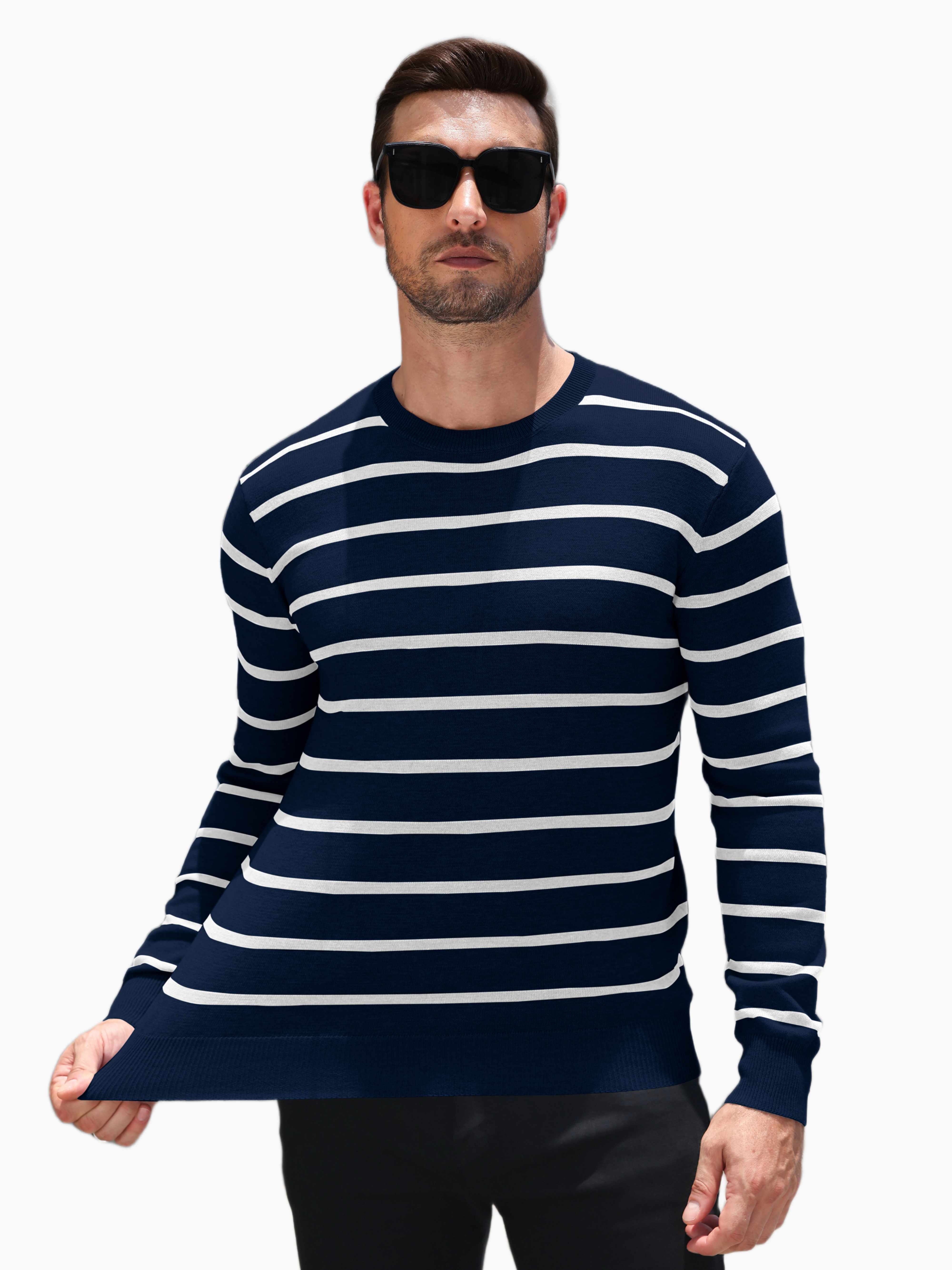 COOFANDY Men's Striped Crewneck Sweaters Long Sleeve Knit Pullover Lightweight Slim Fit Sweater