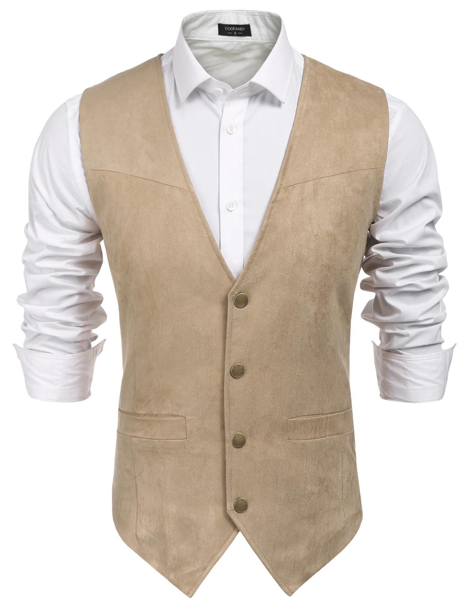 COOFANDY Men's Suede Leather Suit Vest Casual Western Vest Jacket Slim Fit Cowboy Waistcoat