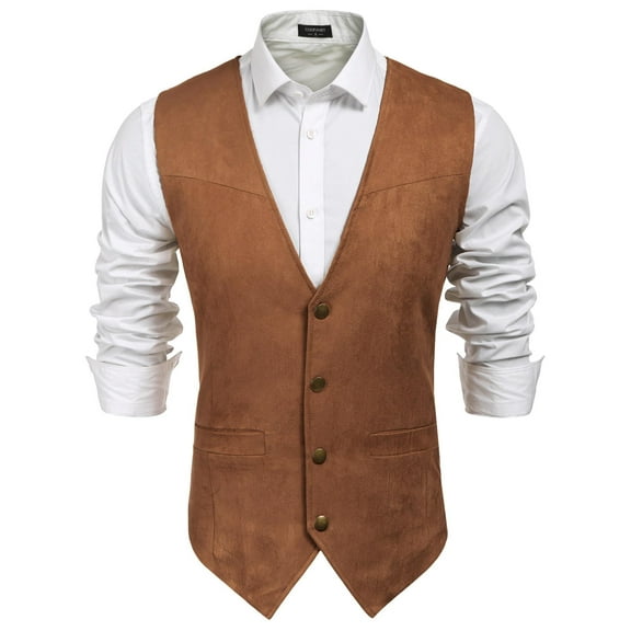 COOFANDY Men's Suede Leather Suit Vest Casual Western Vest Jacket Slim Fit Cowboy Waistcoat