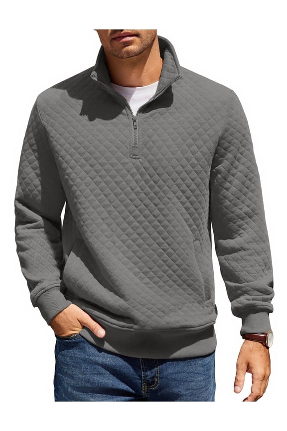 Mens Quarter Zip Pullover Quilted Sweatshirt Knit Long Sleeve Mock Neck Sweater Polo with Pocket