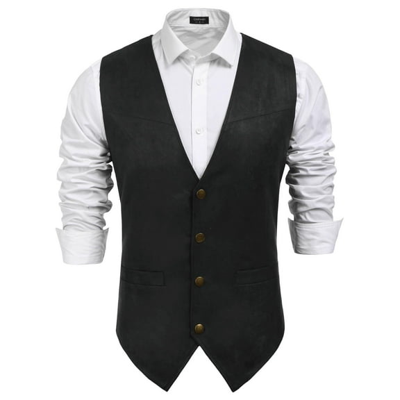 COOFANDY Men's Suede Leather Suit Vest Casual Western Vest Jacket Slim Fit Cowboy Waistcoat