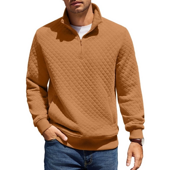 COOFANDY Mens Quarter Zip Pullover Quilted Sweatshirt Knit Long Sleeve Mock Neck Sweater Polo with Pocket
