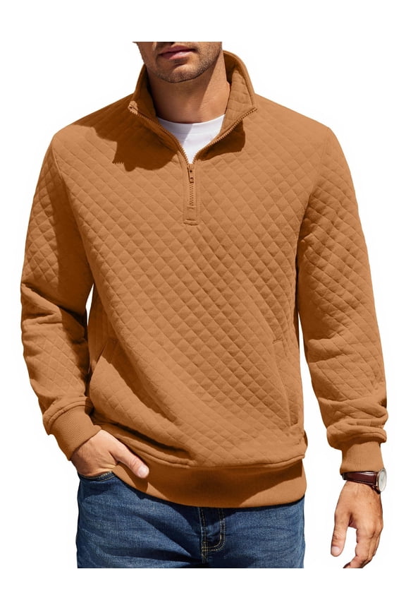 Mens Quarter Zip Pullover Quilted Sweatshirt Knit Long Sleeve Mock Neck Sweater Polo with Pocket