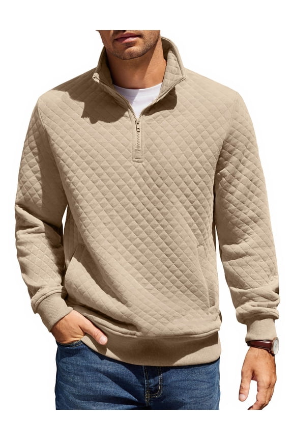 Mens Quarter Zip Pullover Quilted Sweatshirt Knit Long Sleeve Mock Neck Sweater Polo with Pocket