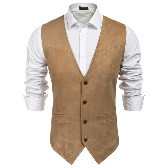 COOFANDY Men's Suede Leather Suit Vest Casual Western Vest Jacket Slim Fit Cowboy Waistcoat