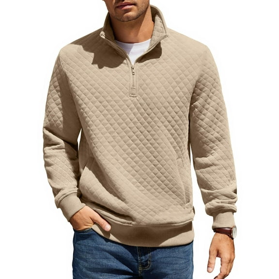 COOFANDY Mens Quarter Zip Pullover Quilted Sweatshirt Knit Long Sleeve Mock Neck Sweater Polo with Pocket