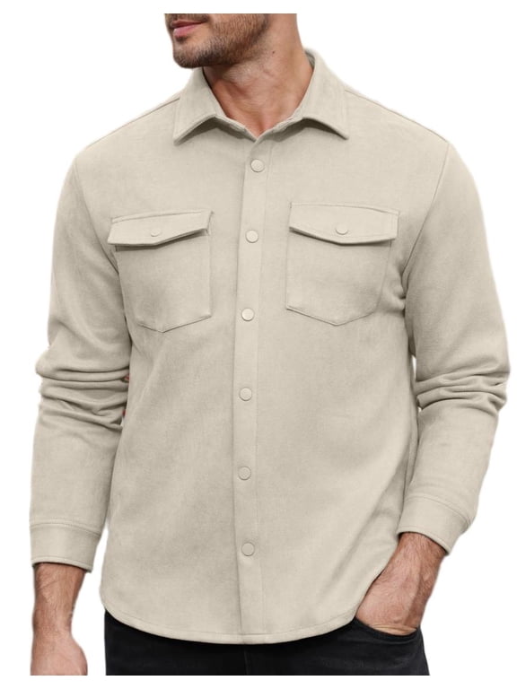 Men's Suede Shirt Jacket, Long Sleeve Button Down Overshirt with Chest Pockets, Soft Faux Suede Casual Shacket, Collared Work Outerwear Coat for Fall Winter Daily Business