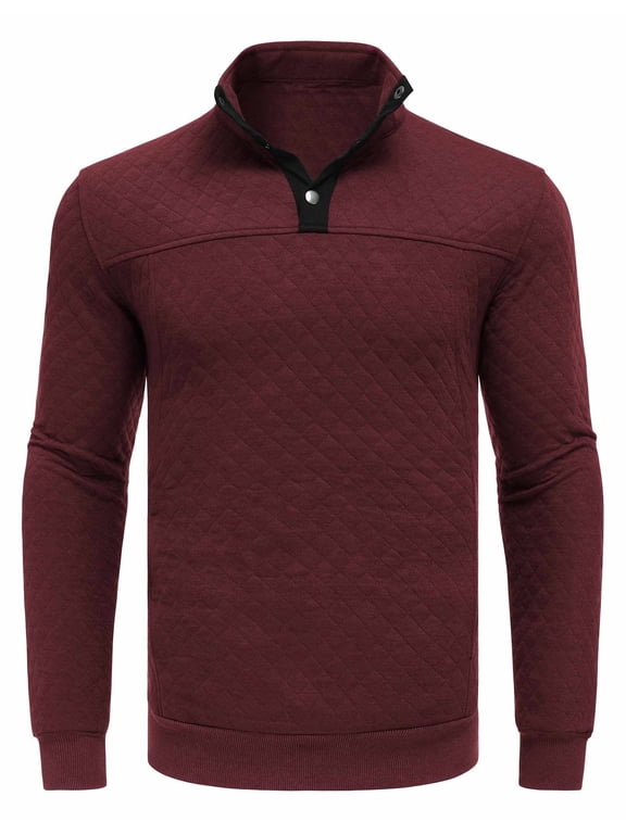 Mens Quarter Sweatshirt Quilted Long Sleeve Mock Neck Active Sweater Waffle Pullover Polo Shirts With Pockets Burgundy M