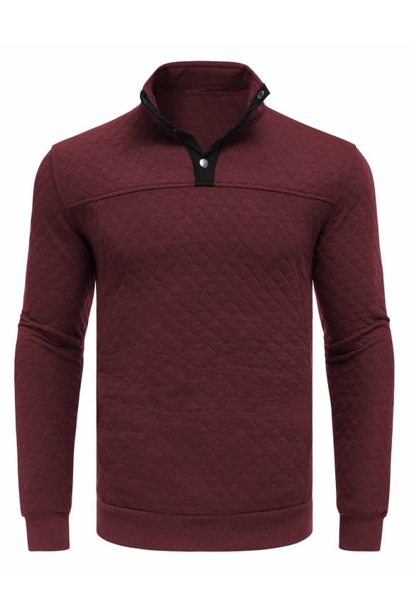 Mens Quarter Sweatshirt Quilted Long Sleeve Mock Neck Active Sweater Waffle Pullover Polo Shirts With Pockets Burgundy M