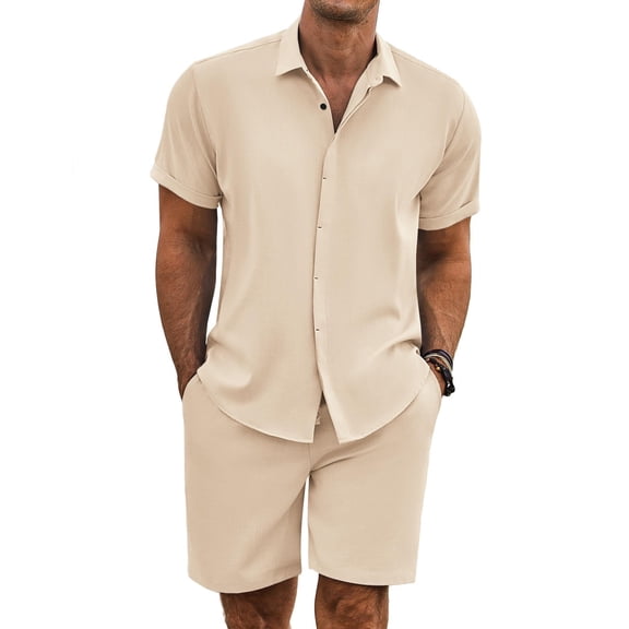 COOFANDY Men's Summer Beach Outfits 2 Piece Short Sleeve Shirts and Shorts Vacation Texture Linen Sets for Men