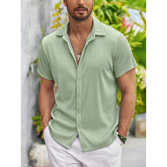 COOFANDY Men's Summer Beach Shirts Short Sleeve Button Up Shirt Casual Linen Shirt Light Green Light Green XXXL