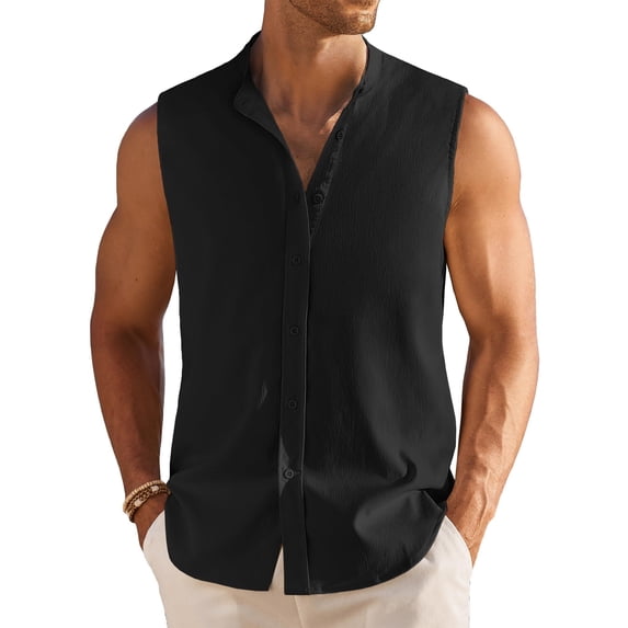 COOFANDY Men's Casualk Shirts Black Sleeveless Summer Button Down Dress Shirts Beach Vacationk Top
