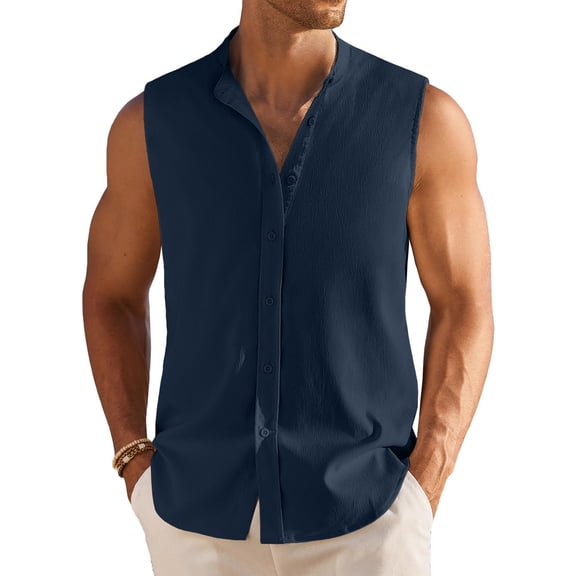 COOFANDY Men Summer Vacationk Tops Sleeveless Button Down Shirts Collarless Beach Wear