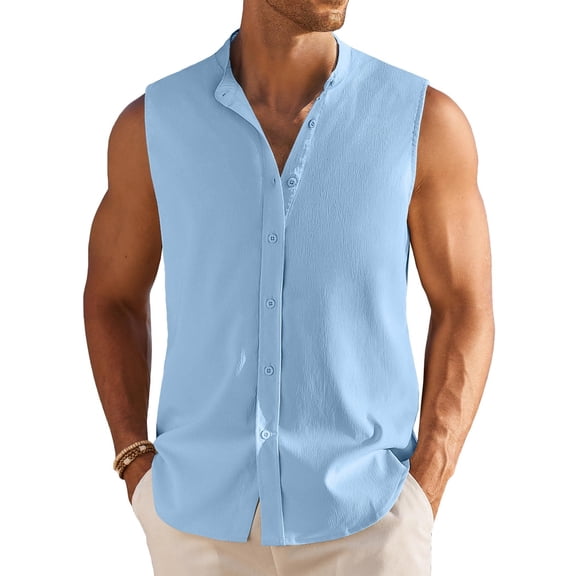 COOFANDY Mens Summer Sleeveless Tee Shirts Beach Casualk Sleeveless Button Up Dress Shirts