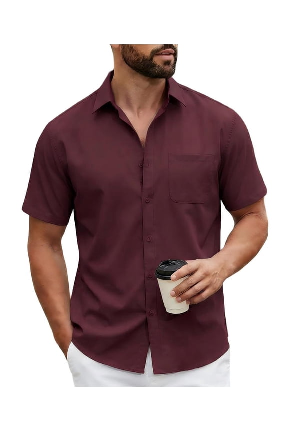 Men's Summer Casual Short Sleeve Button Down Shirt - Untucked Fit Dress Shirt with Pocket