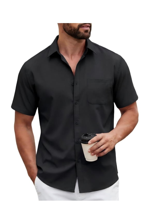 Men's Summer Casual Short Sleeve Button Down Shirt - Untucked Fit Dress Shirt with Pocket