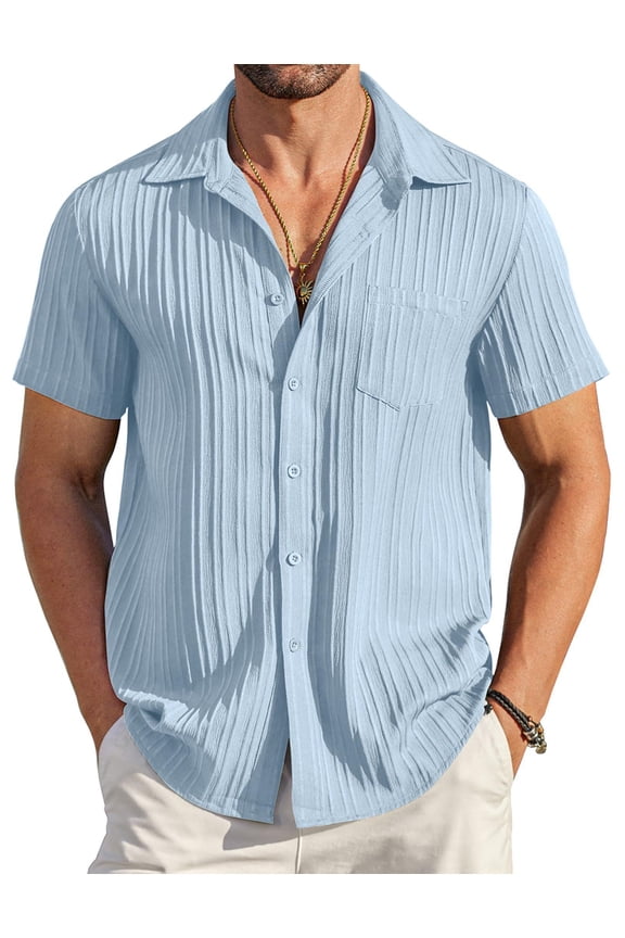Men's Casual Button Down Shirts Short Sleeve Textured Linen Summer Beach Shirt with Pocket