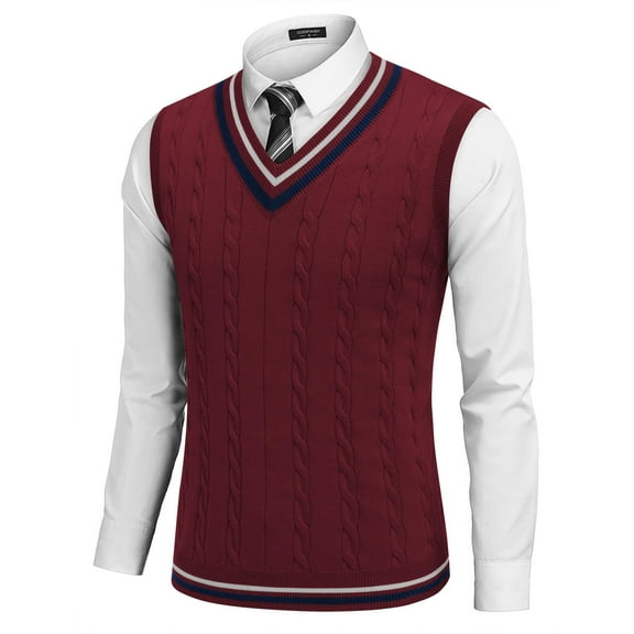 COOFANDY Men's Cable Knit Sweater Vest Cotton Knit V Neck Sweater Sleeveless Vest Casual Pullover Tops