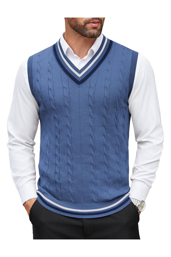 Men's Sweater Vest V Neck Casual Sleeveless Pullover Striped Cable Knit Sweater Vest Blue L