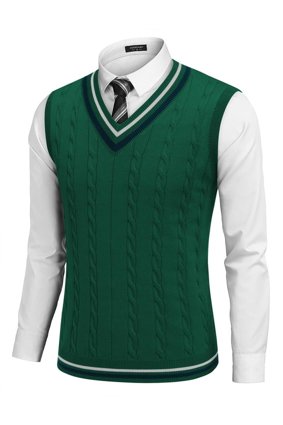 Men's Striped Cable Knit Sweater Vest Sleeveless V Neck Pullover Uniform Sweater
