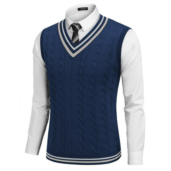 COOFANDY Men's Vest Sweaters Casual Sleeveless V-Neck Pullover Sweater Striped Cable Knit Sweater Vest