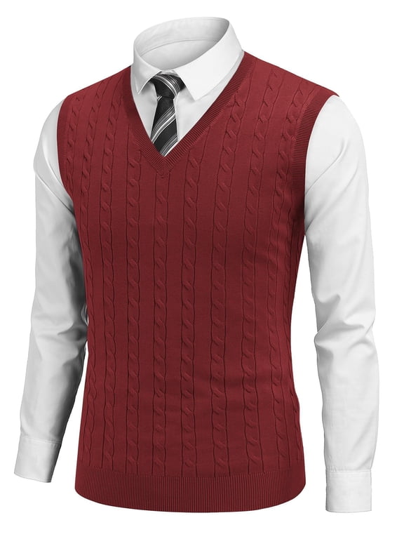 Men's Sweater Vest V Neck Slim Fit Cable Knitted Sleeveless Pullover Sweater Burgundy
