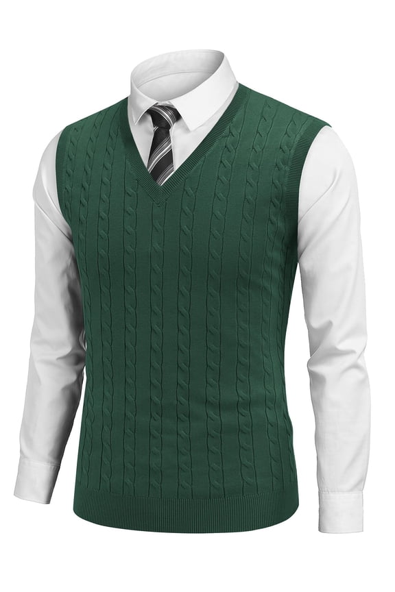 Men's Sweater Vest V Neck Slim Fit Cable Knitted Sleeveless Pullover Sweater Hunter Dark