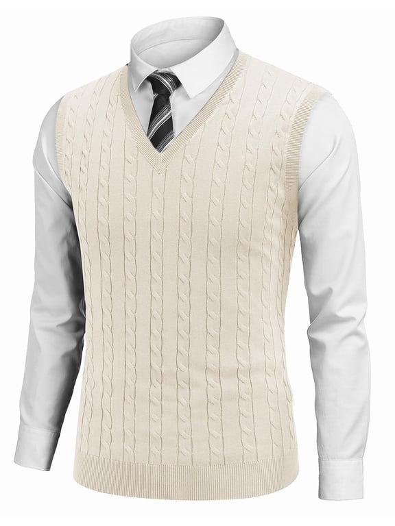 Men's Sweater Vest V Neck Slim Fit Cable Knitted Sleeveless Pullover Sweater