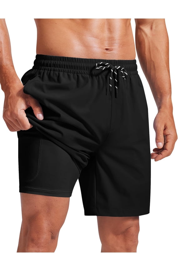 Men' 2 in 1 Swimming Trunks Quick Dry Swim Vacation Shorts 7 Inch Swimsuit Beach Shorts with Pockets