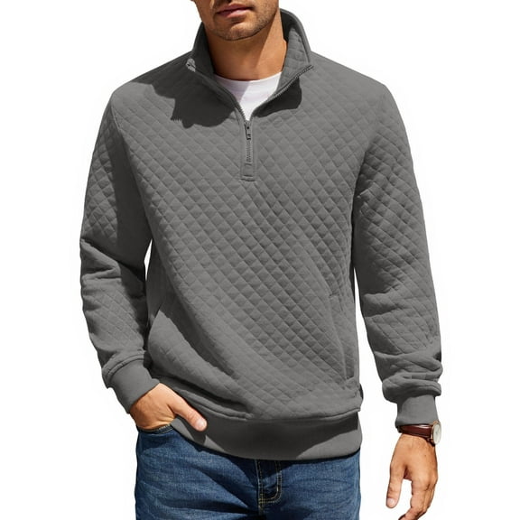 COOFANDY Mens Quarter Zip Pullover Quilted Sweatshirt Knit Long Sleeve Mock Neck Sweater Polo with Pocket