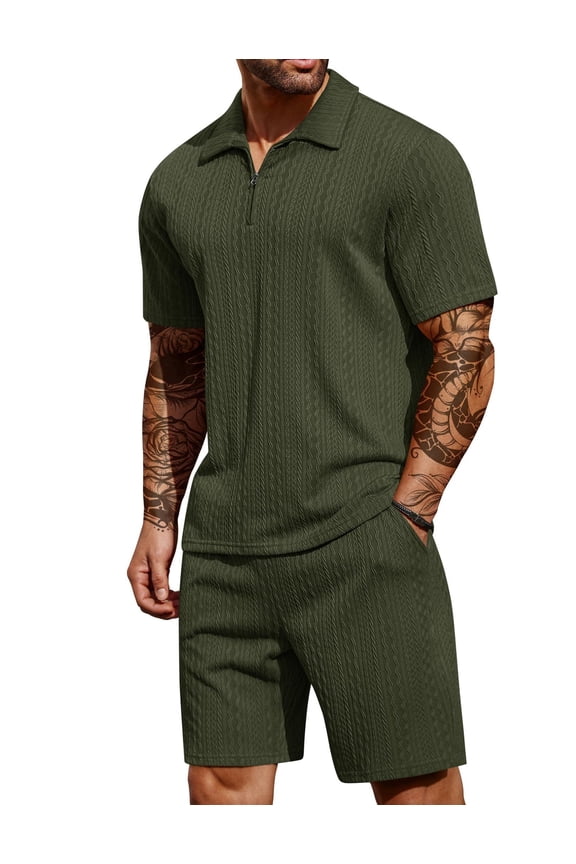 Men's 2 Pieces Outfits Quarter Zip T Shirt and Shorts Set Casual Athletic Suit Summer Tracksuits